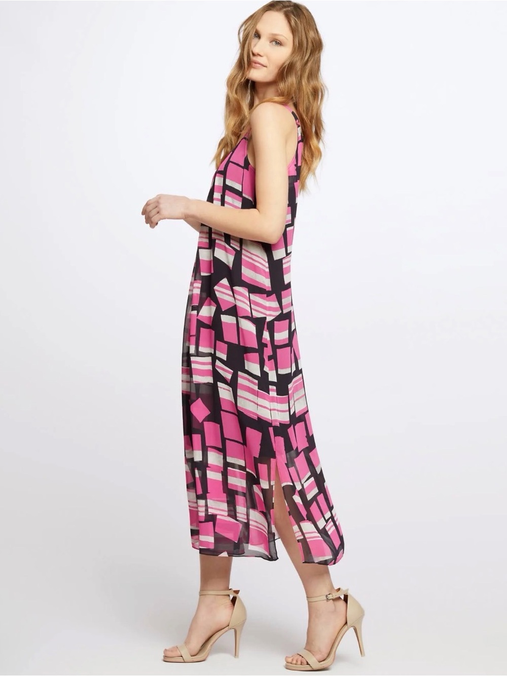 NIC + ZOE Geometric Pink & Black Sleeveless Midi Dress SZ L - Picture 2 of 4